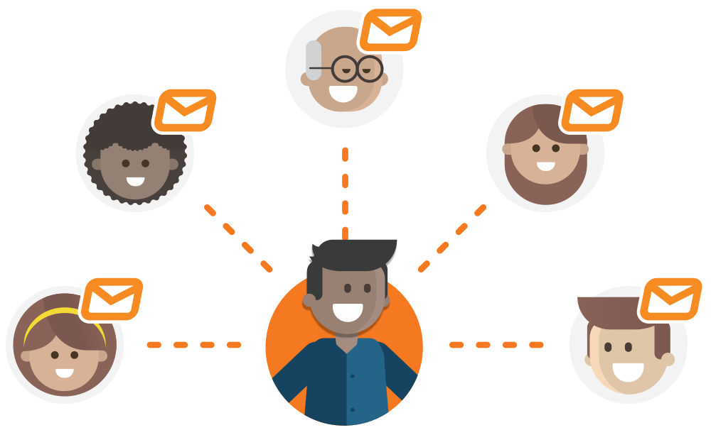 Bulk SMS dashboard illustration showing messages being sent to multiple recipients